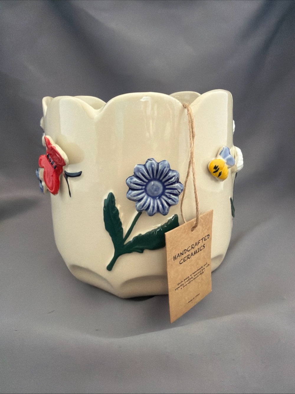 NWT Vibrant Raised Flower Hand Crafted Planter Pot Floral & Butterfly Design